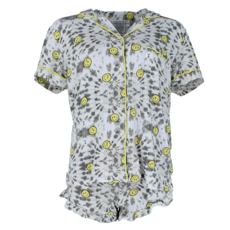Mentally Exhausted Women's Smile Tie-Dye Notch Collar Short Sleeve and Shorts Set sold by Belt Outlet