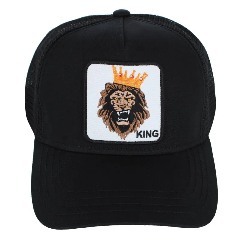 CTM® Men's Lion Embriodered Patch Mesh Back Trucker Hat made by Belt Outlet