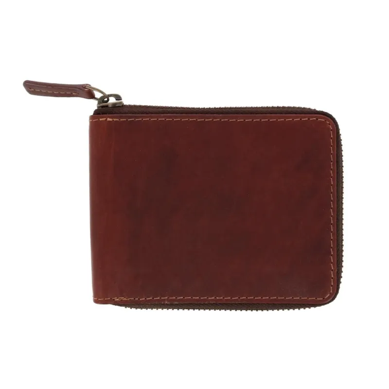 American Bison Men's Oil Pull Up Leather Zip Around Wallet with Center Flap made by Belt Outlet