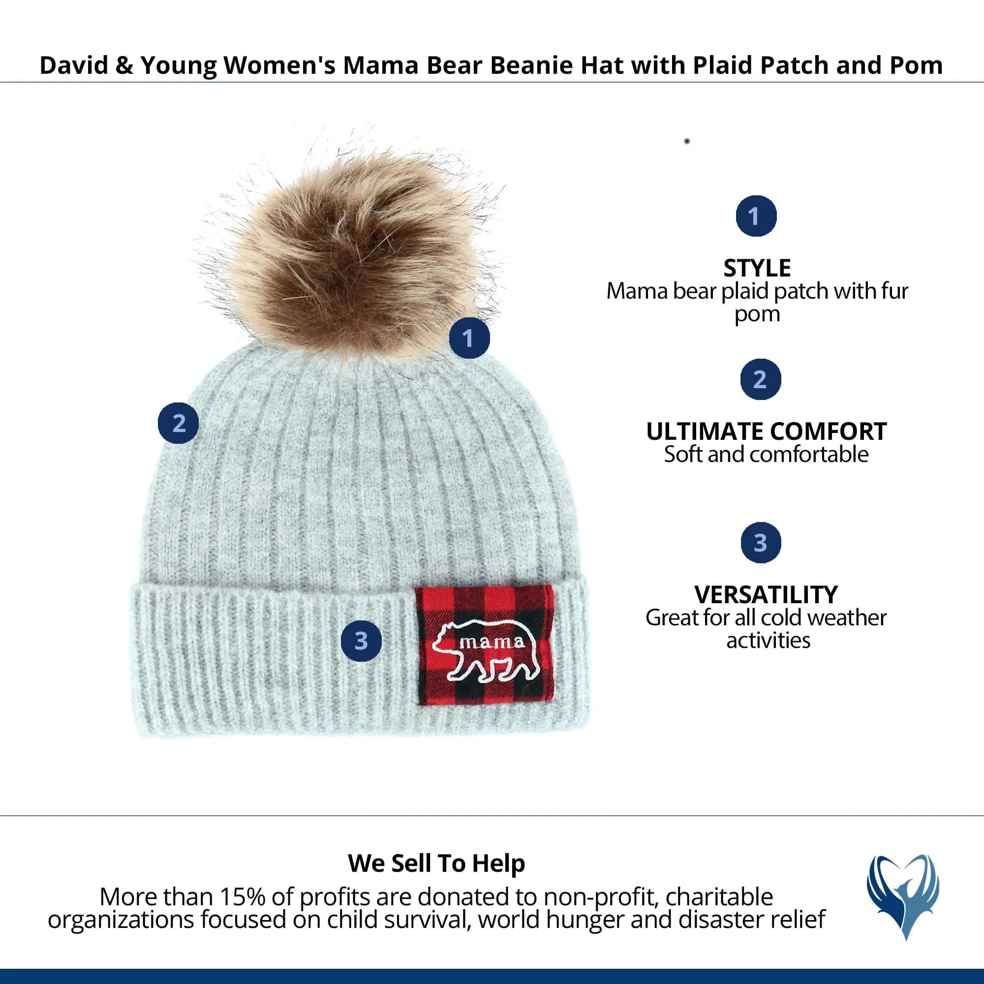 David & Young Women's Mama Bear Beanie Hat with Plaid Patch and Pom sold by Belt Outlet product image thumbnail 5
