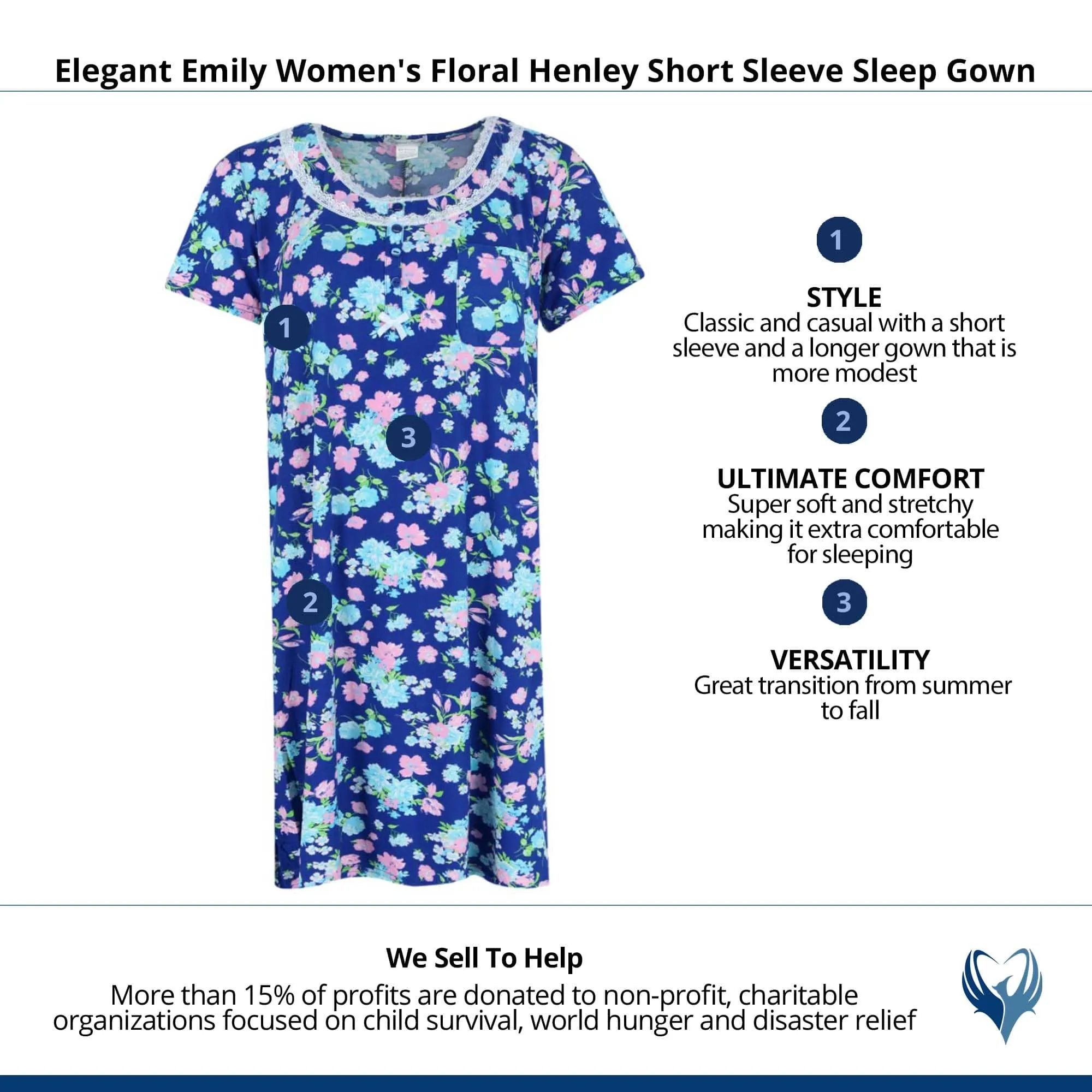 Elegant Emily Women's Floral Henley Short Sleeve Sleep Gown sold by Belt Outlet product image thumbnail 5