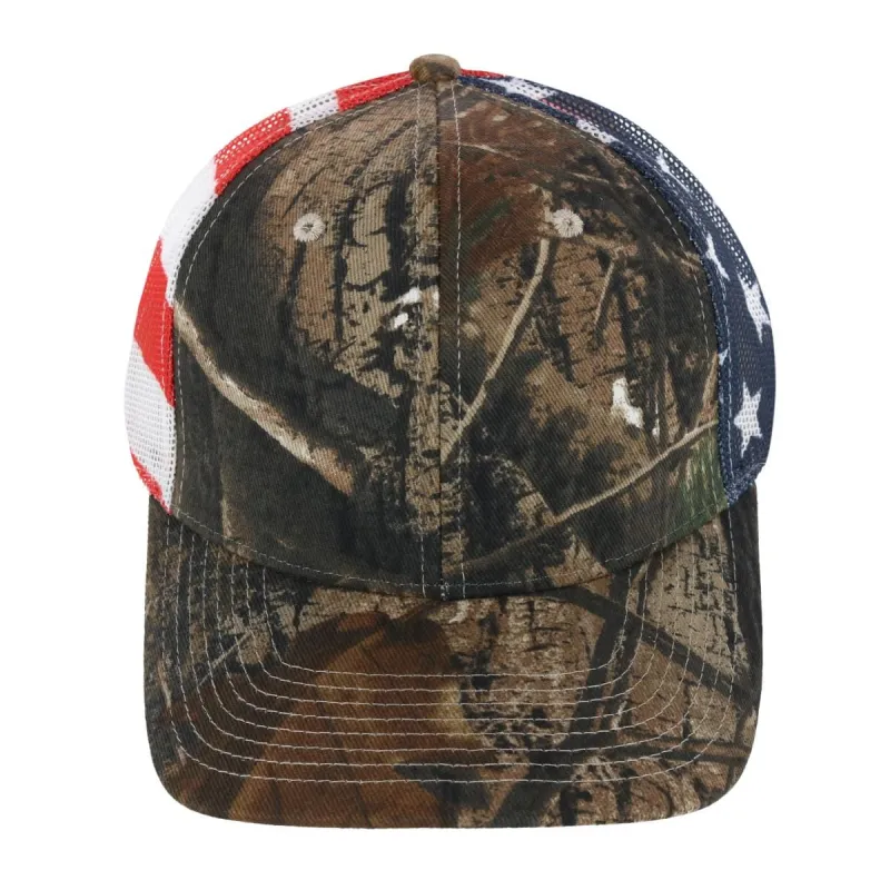 Kati Men's Real tree Camo Trucker Hat with American Flag Mesh Back made by Belt Outlet
