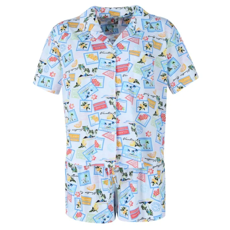 PJ Couture Women's Vacation Stamps Notch Collar Short Set sold by Belt Outlet