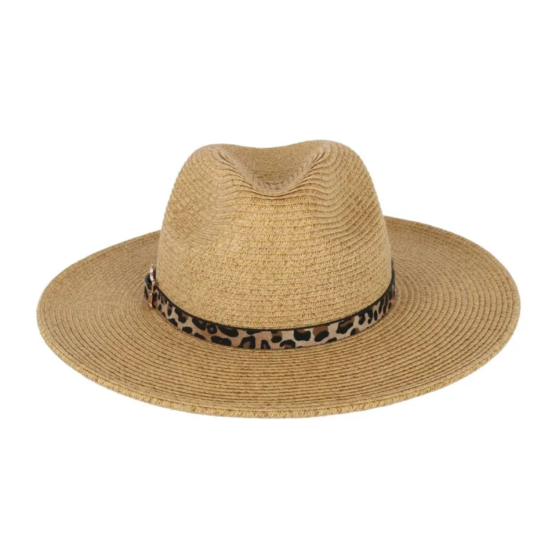 Karen Keith Women's Braided Toyo Fedora Sun Hat with Leopard Hat Band made by Belt Outlet