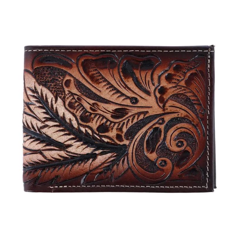 CTM® Men's Feather Tooled Leather Bifold Wallet made by Belt Outlet