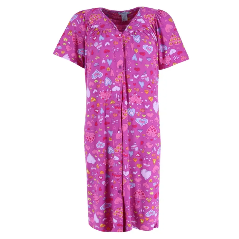 Elegant Emily Women's Pink Hearts Short Sleeve Button Down Duster sold by Belt Outlet