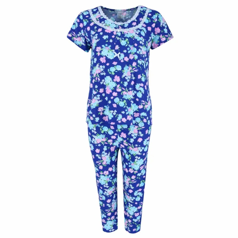 Elegant Emily Women's Blue Floral Capri Sleep Set made by Belt Outlet