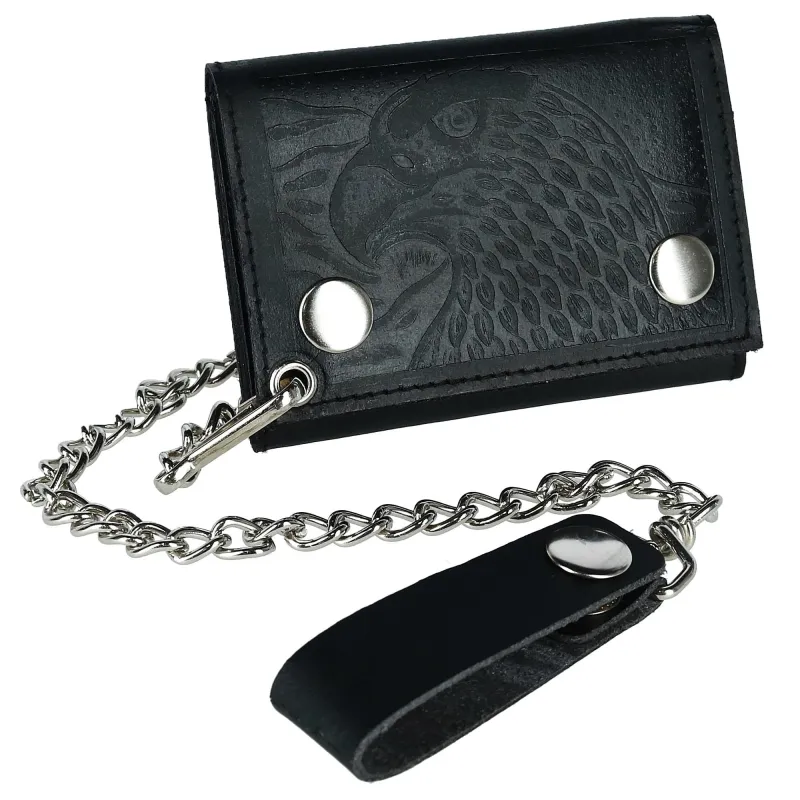 CTM® Men's Leather Eagle Imprint Trifold Chain Wallet made by Belt Outlet