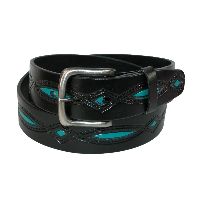 CTM® Men's Oil Tanned Leather Belt with Embossed Turquoise Accents made by Belt Outlet