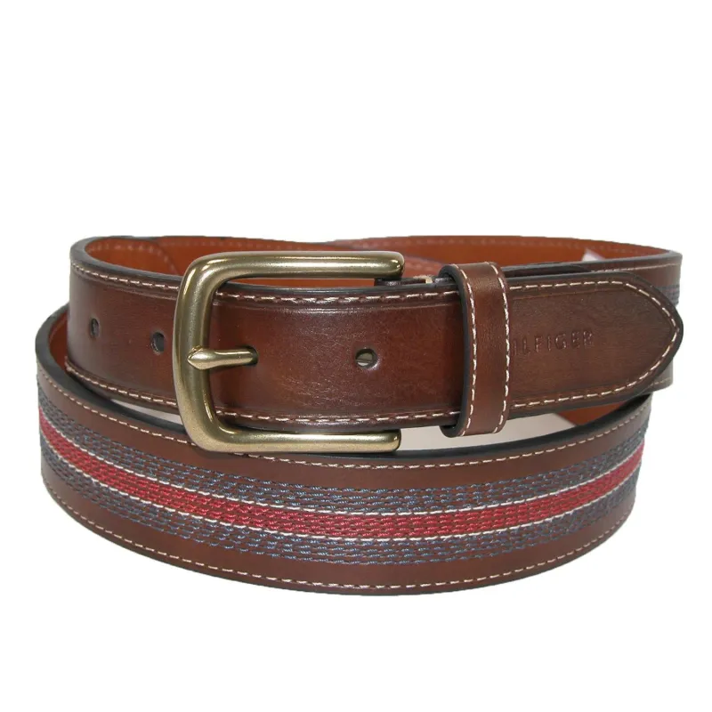 Tommy Hilfiger Men's Leather Contrast Stitch Stripe Inlay Belt made by Tommy Hilfiger