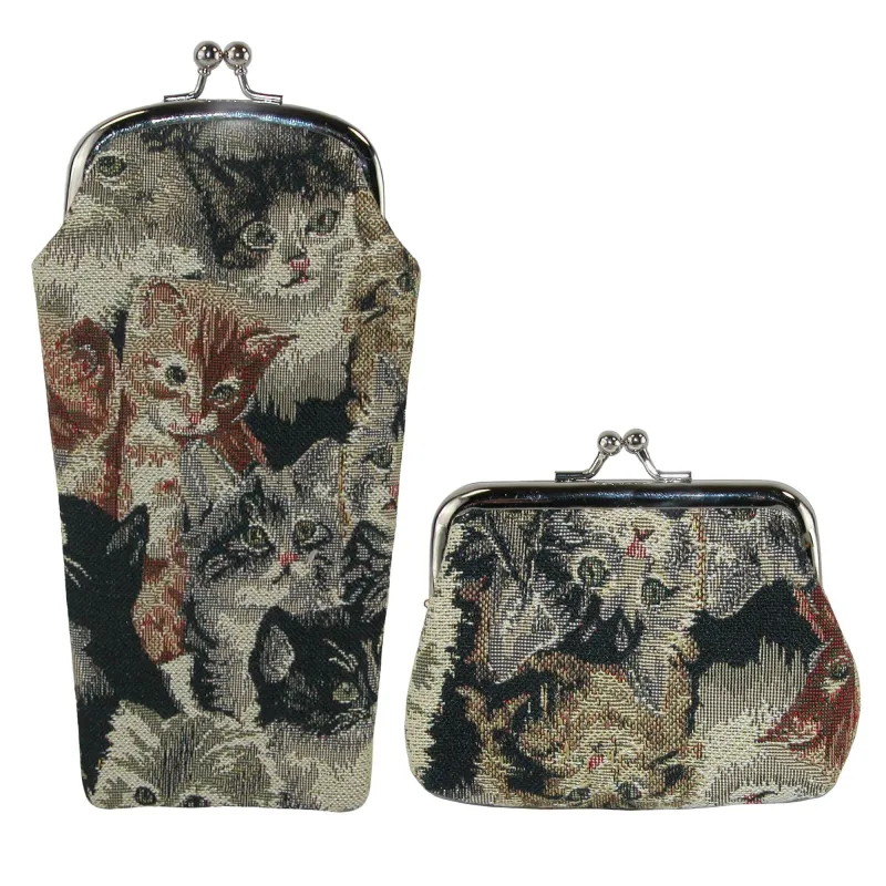 CTM® Women's Cat Print Tapestry Glasses Case and Coin Purse Set made by Belt Outlet