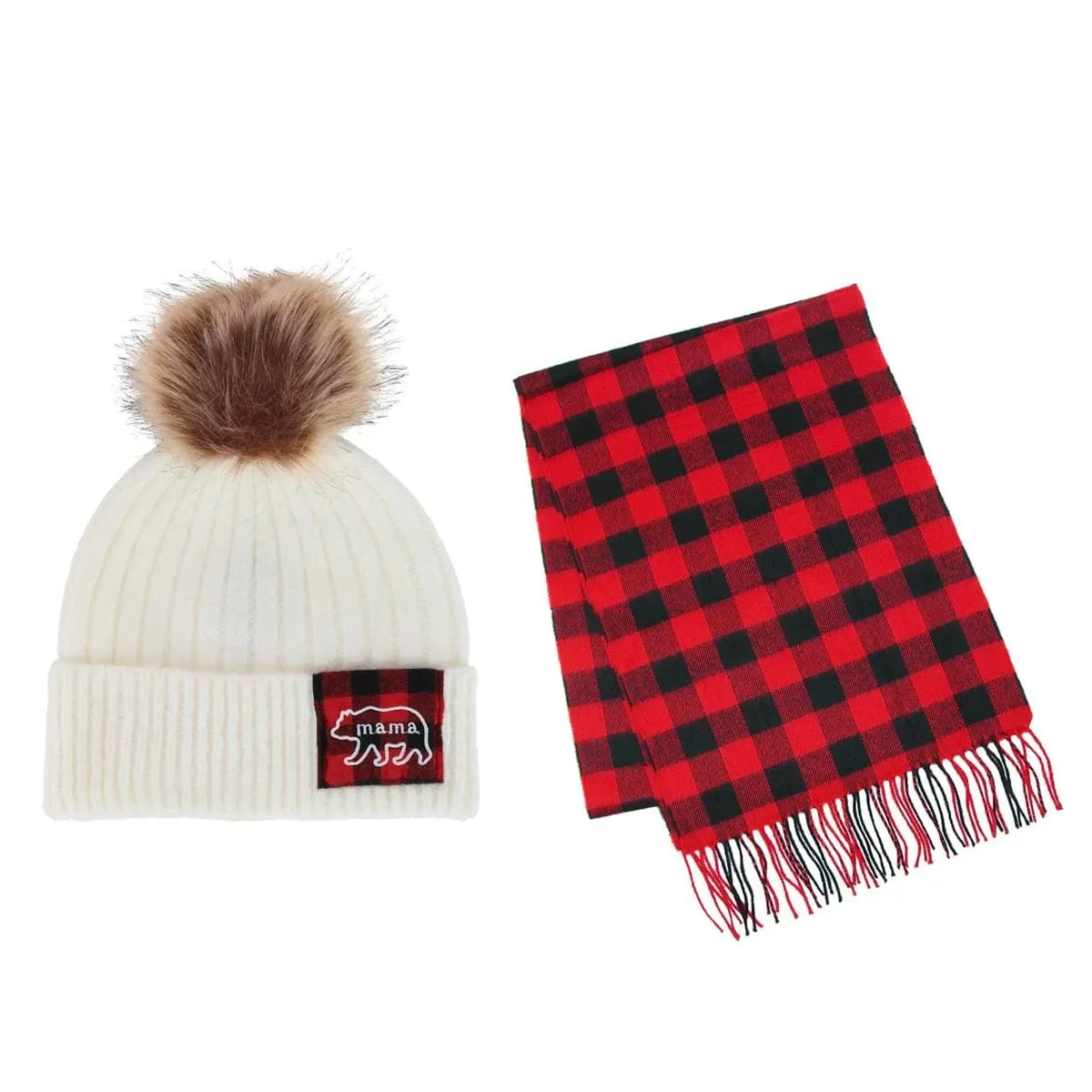 David & Young Women's Mama Bear Winter Beanie and Matching Buffalo Plaid Scarf Set sold by Belt Outlet