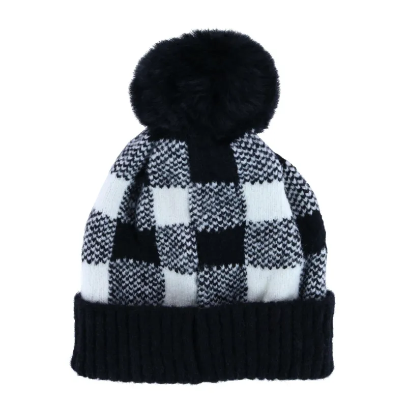 Love of Fashion Women's Knit Buffalo Plaid Winter Beanie Hat with Pom sold by Belt Outlet
