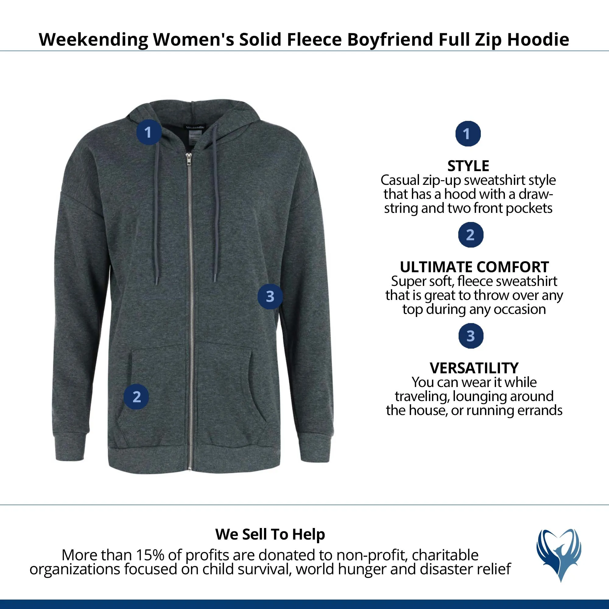 Weekending Women's Solid Fleece Boyfriend Full Zip Hoodie sold by Belt Outlet product image thumbnail 5