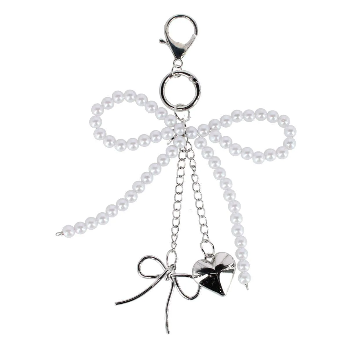 CTM® Women's Silver and Pearl Bow Heart Bag Charm/Key Chain sold by Belt Outlet