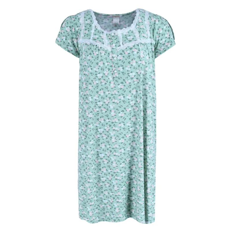 Gabriella Women's Short Sleeve Grey/Green Floral Gown made by Belt Outlet