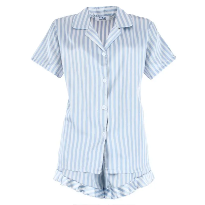 CTM® Women's Striped Satin Short Sleeve Pajama Set made by Belt Outlet