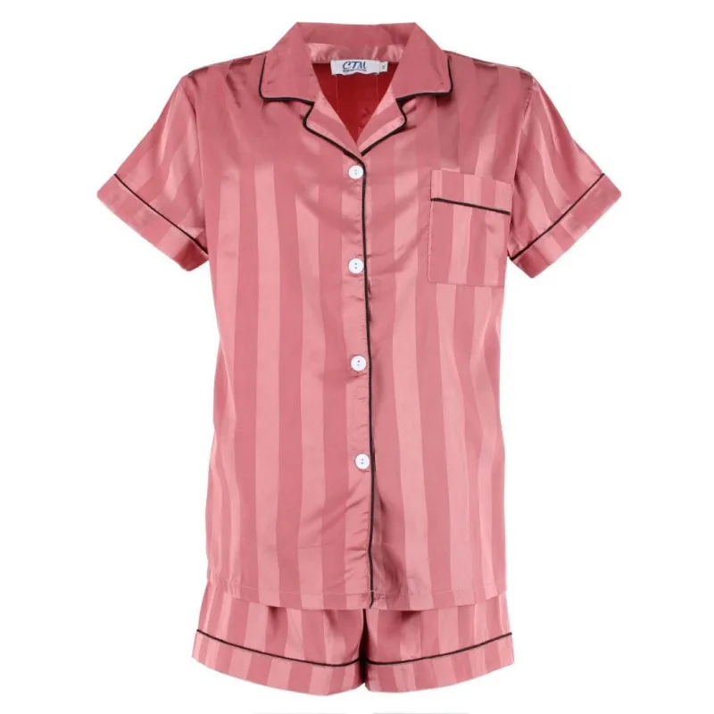 CTM® Women's Short Sleeve Thick Striped Satin Pajama Set made by Belt Outlet