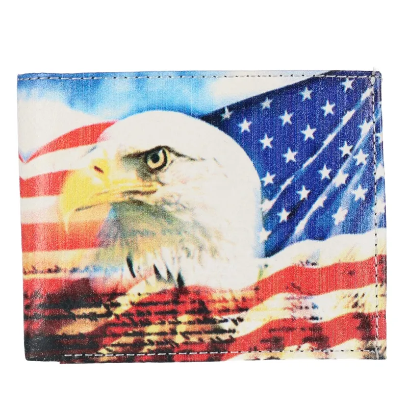 CTM® Men's Vegan Leather Eagle American Flag Print Bifold Wallet made by Belt Outlet