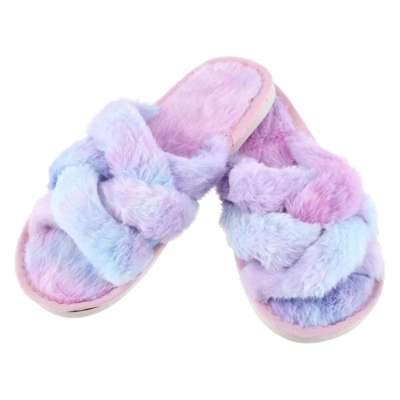 CTM® Women's Open Toe Cross Band Fur Slide Slippers made by Belt Outlet