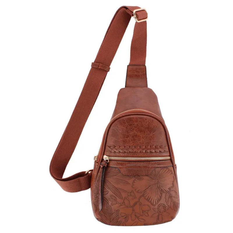 CTM® Women's Western Tooled Sling Crossbody Pack made by Belt Outlet