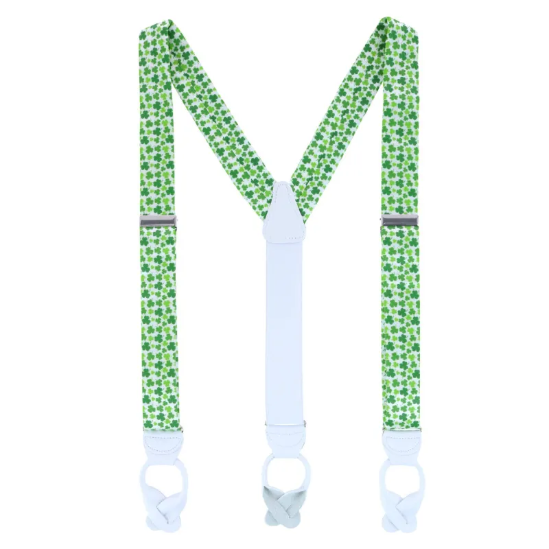 Trafalgar Men's White Shamrock Silk Button End Suspenders made by Trafalgar