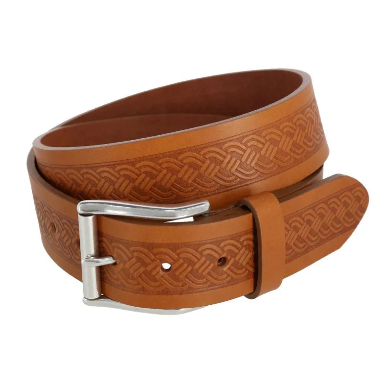 Trafalgar Men's Grady 40mm Celtic Scroll Embossed Leather Jean Belt made by Trafalgar