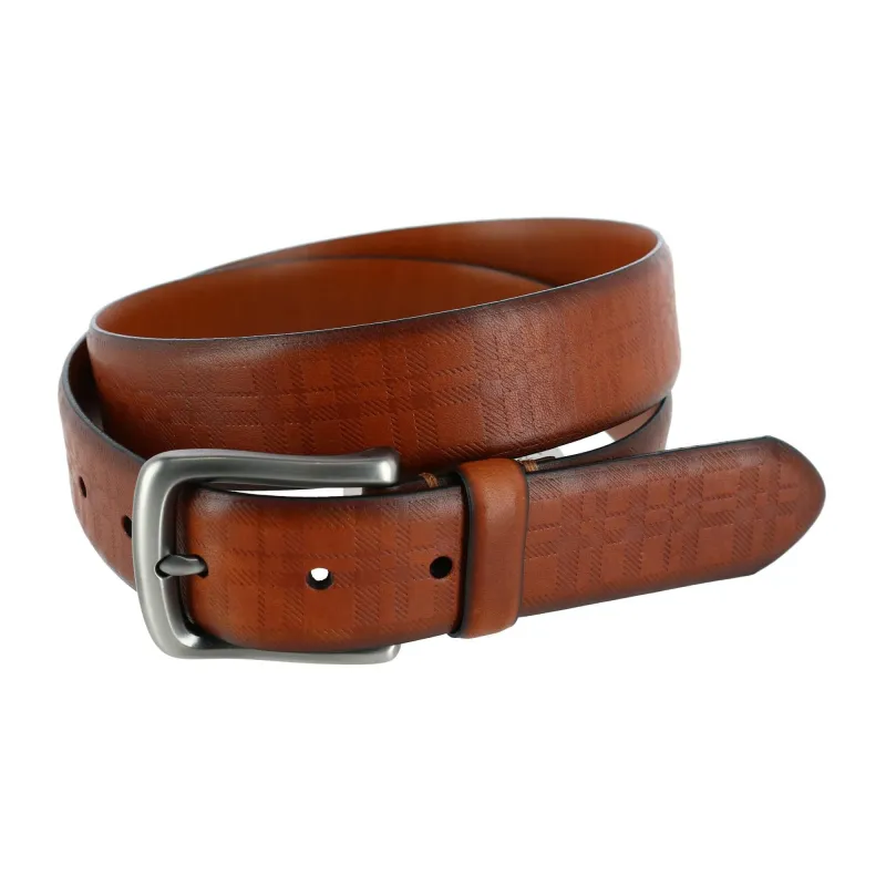 Trafalgar Men's Caelen Plaid Embossed Leather Belt made by Trafalgar