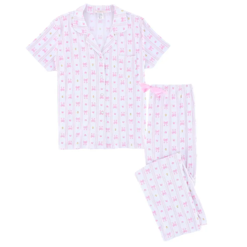 CTM® Women's Notched Collar Bow Striped Pajama Set by Gabriella made by Belt Outlet