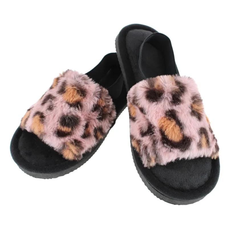 CTM® Women's Cozy Leopard Plush Open Toe Slippers with Back Strap made by Belt Outlet