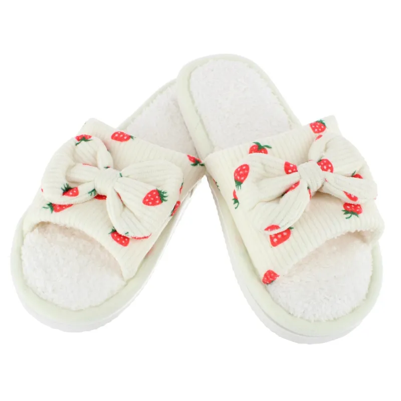 CTM® Women's Cozy Strawberry Bow Open Toe House Slipper Slides made by Belt Outlet