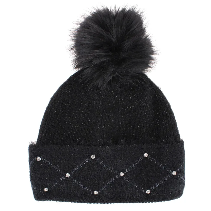 David & Young Women's Lux Knit Lined Winter Beanie Hat with Stone Detail made by D&Y