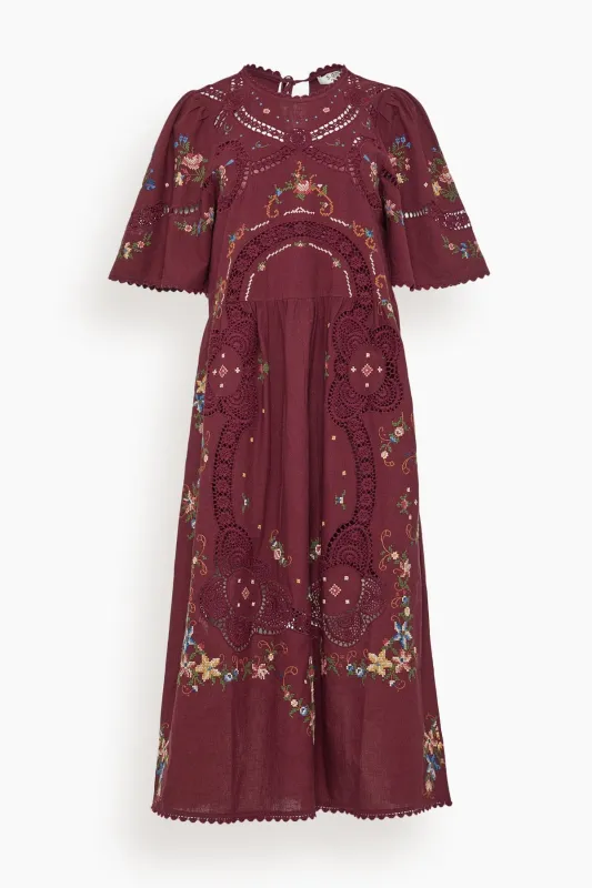 Edwina Embroidered Short Sleeve Dress in Burgundy sold by Hampden Clothing