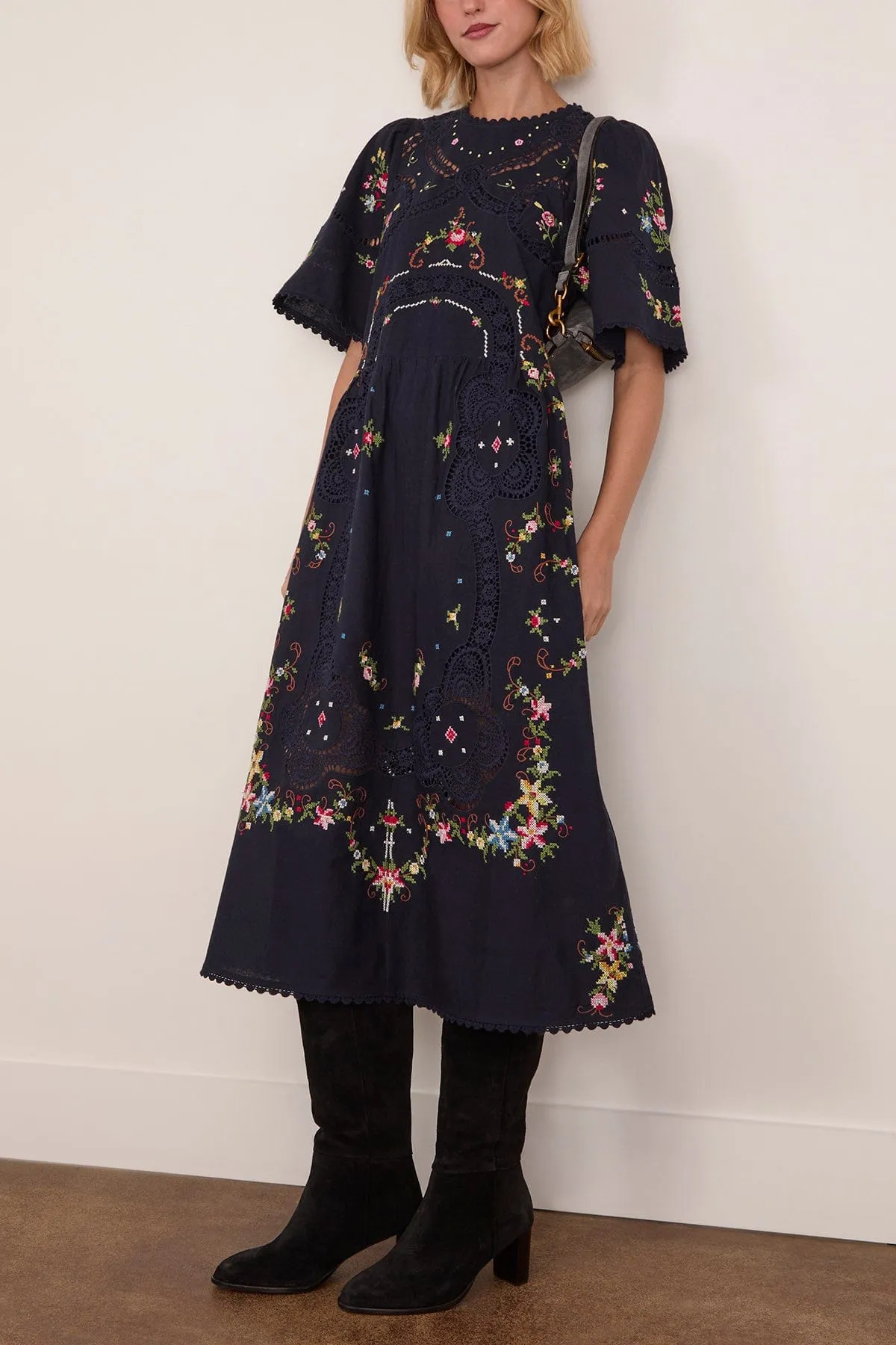 Edwina Embroidered Short Sleeve Dress in Navy sold by Hampden Clothing product image thumbnail 2