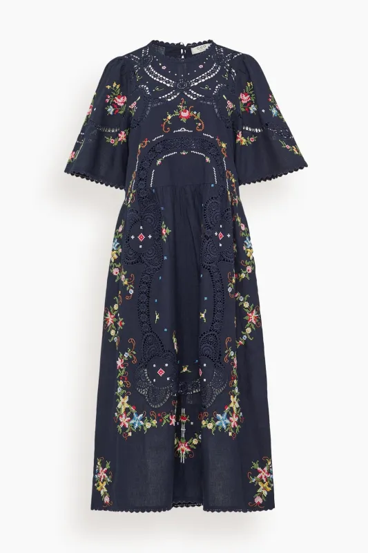Edwina Embroidered Short Sleeve Dress in Navy made by Sea