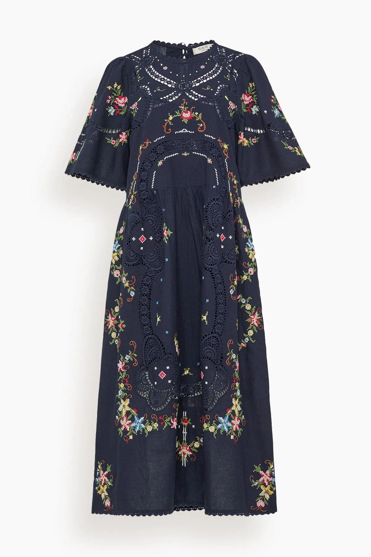 Edwina Embroidered Short Sleeve Dress in Navy sold by Hampden Clothing