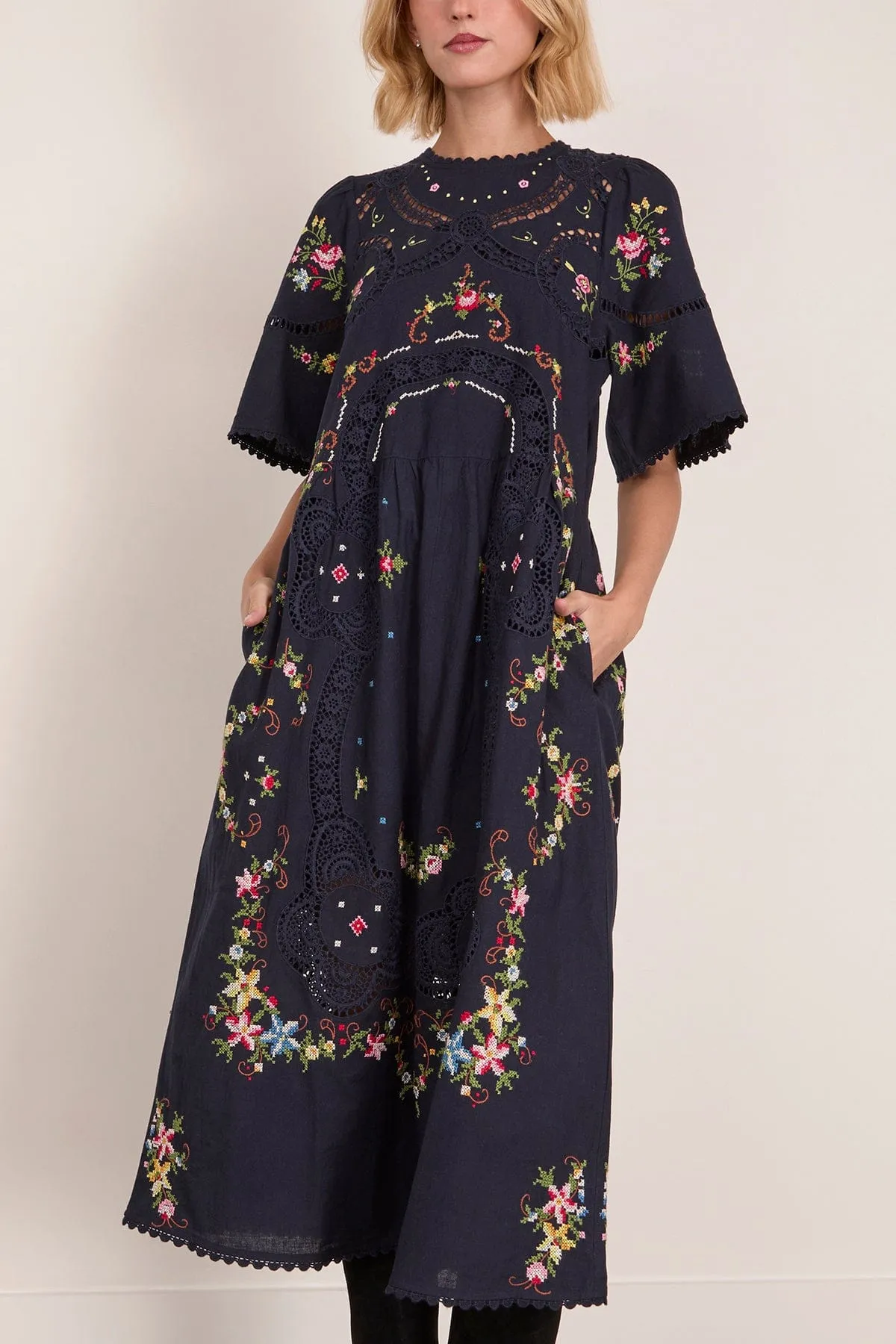 Edwina Embroidered Short Sleeve Dress in Navy sold by Hampden Clothing product image thumbnail 3