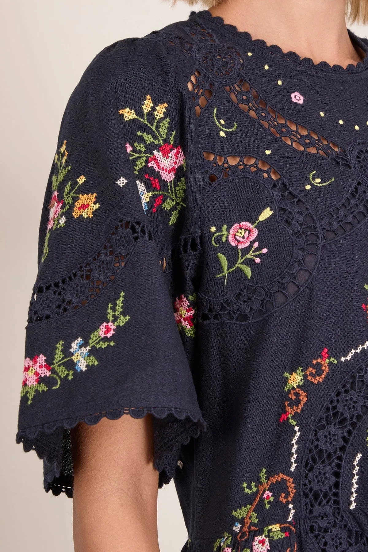 Edwina Embroidered Short Sleeve Dress in Navy sold by Hampden Clothing product image thumbnail 5