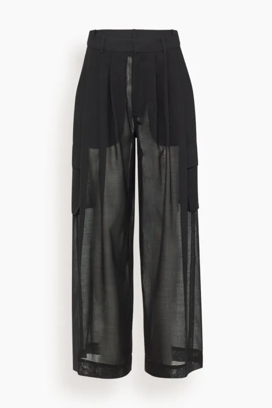 Sheer Wool Gauze Triple Pleat Pant in Black sold by Hampden Clothing
