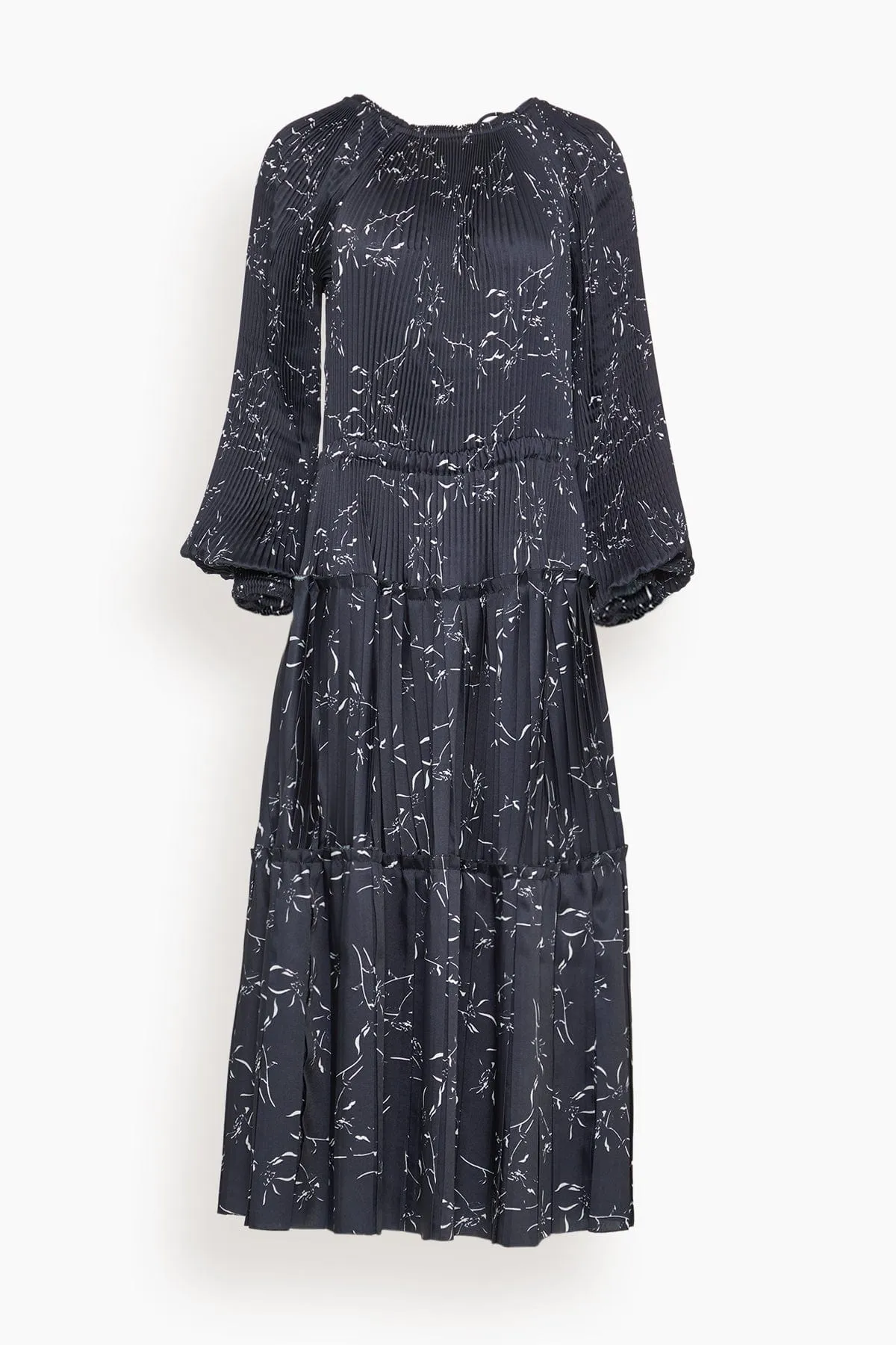 Pleated Dress in White Flower / Blue Base sold by Hampden Clothing