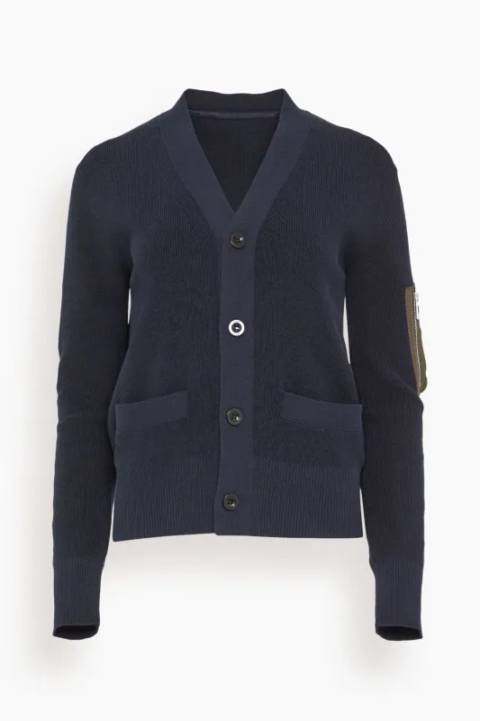 Nylon Twill Cotton Knit Cardigan in Navy/Dark Khaki sold by Hampden Clothing