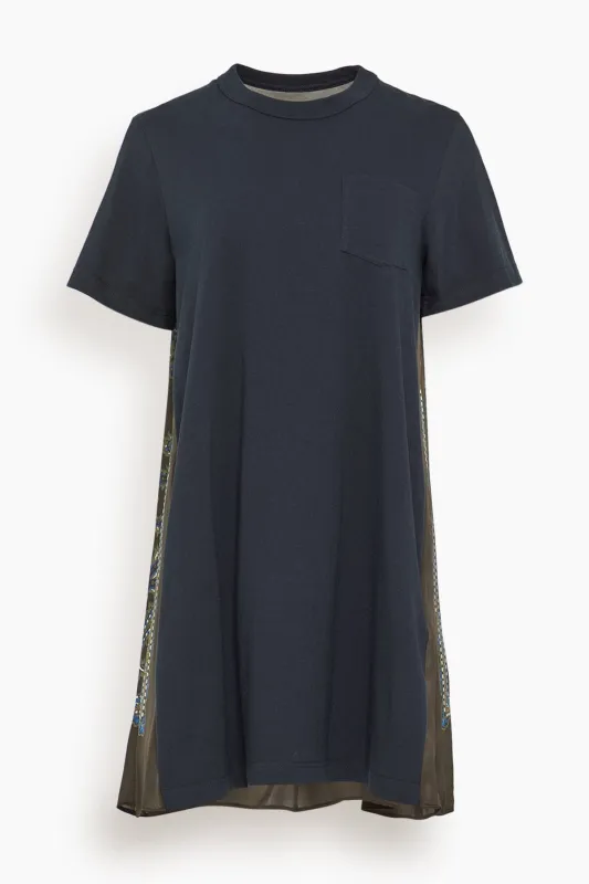 Paisley Print Cotton Jersey Dress in Navy/Khaki made by Sacai