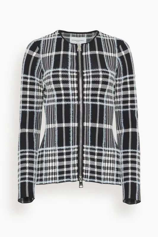 The Greer Zip Front Knit Cardigan in Black Plaid sold by Hampden Clothing