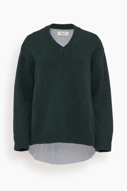 Mallory V-Neck Combo Sweater in Forest sold by Hampden Clothing