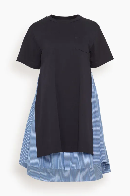 Poplin x Cotton Jersey Dress in Navy/Blue Stripe sold by Hampden Clothing