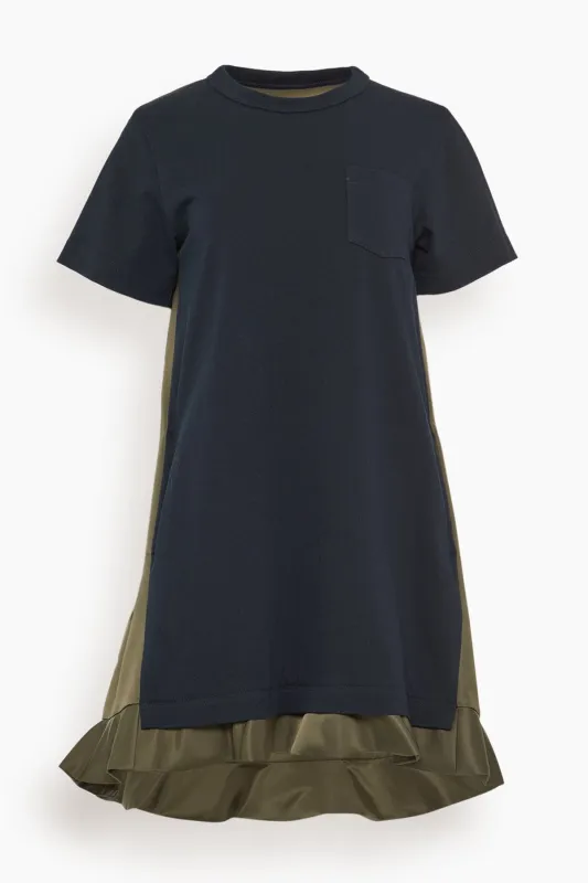 Nylon Twill x Cotton Jersey Dress in Navy/Dark Khaki sold by Hampden Clothing