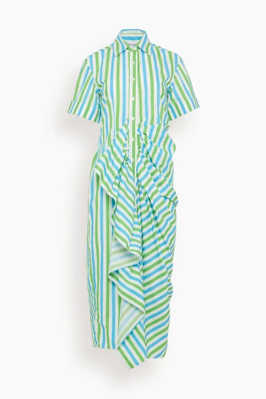 Gathered Ruffle Shirt Dress in Blue/Green Stripe sold by Hampden Clothing