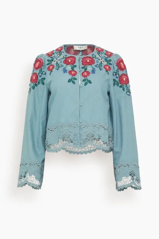 Rosaline Embroidery Long Sleeve Button Up Top in Blue sold by Hampden Clothing