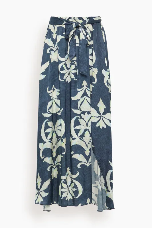 The Secret Lily Print Viscose Satin Skirt in Oltremare sold by Hampden Clothing
