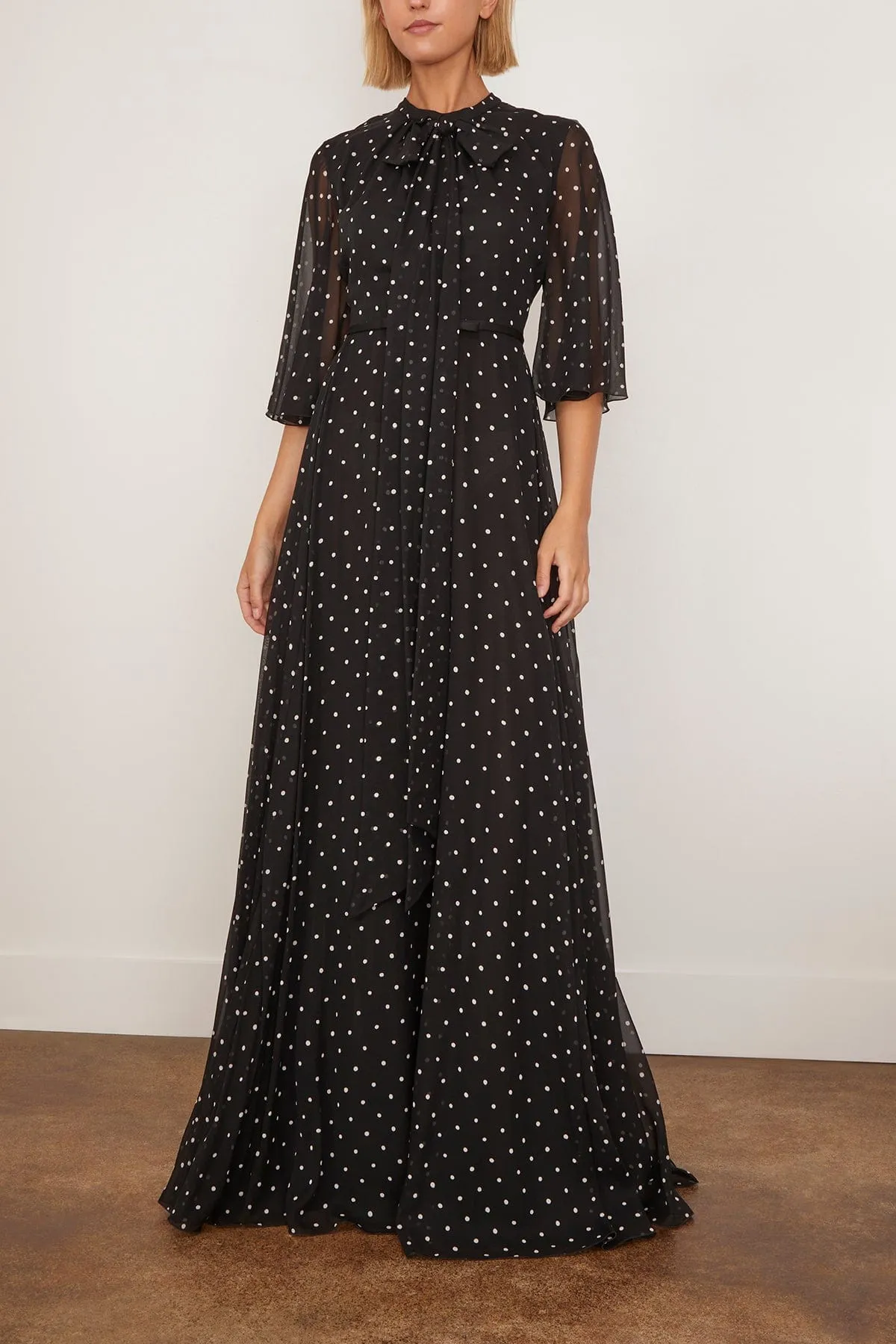 Long Silk White Polka Dots Dress in Black sold by Hampden Clothing product image thumbnail 2